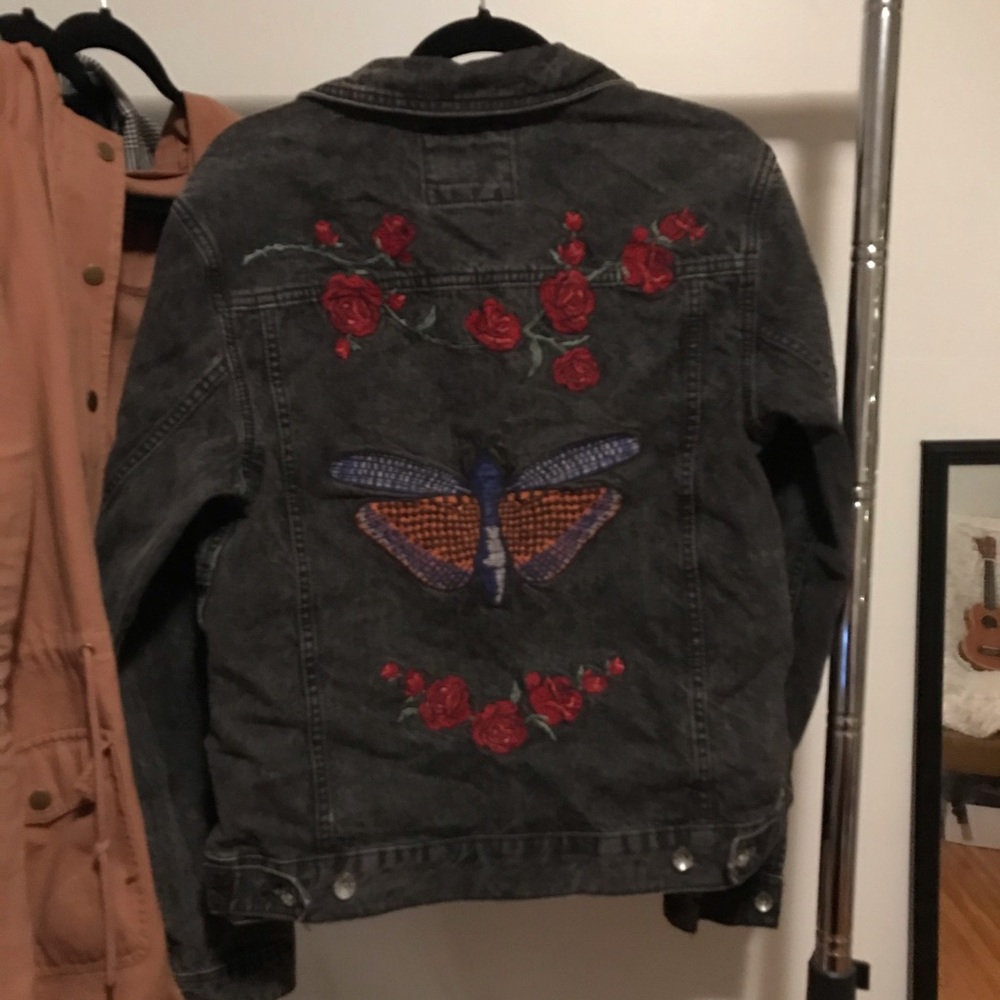 Moth and rose embroidered denim jacket